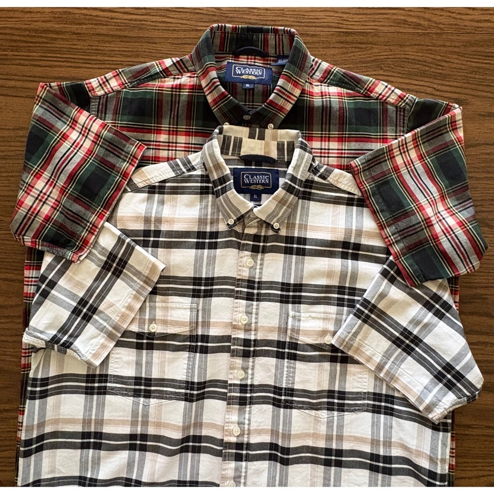 Lot of 2 Classic Western Mens XL Short Sleeve Plaid Button Down Shirt Bundle EUC